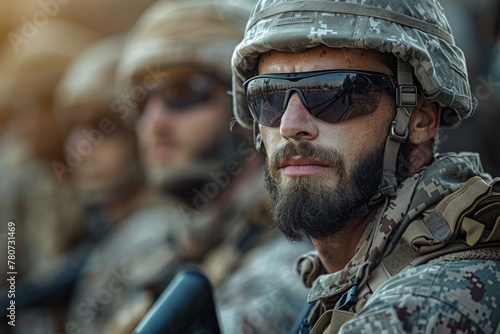 Close-up image capturing the contemplative and focused expression of a dutiful soldier photo