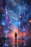 A person gazes at a technologically advanced cityscape under the night sky, artistic portrayal in science fiction genre.