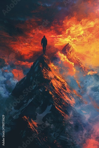 A resilient individual gazes at the vast fiery sky while perched atop the peak, depicted in a digital art format resembling an illustration painting.