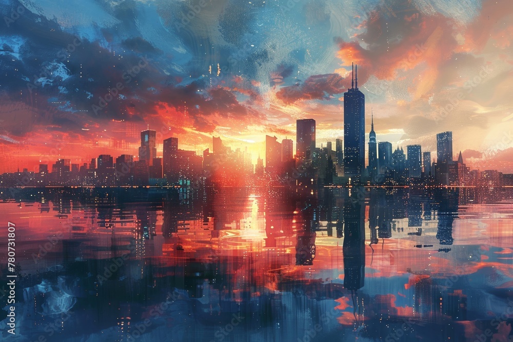 A painting depicting the majestic city skyline with towering skyscrapers during the golden hour.