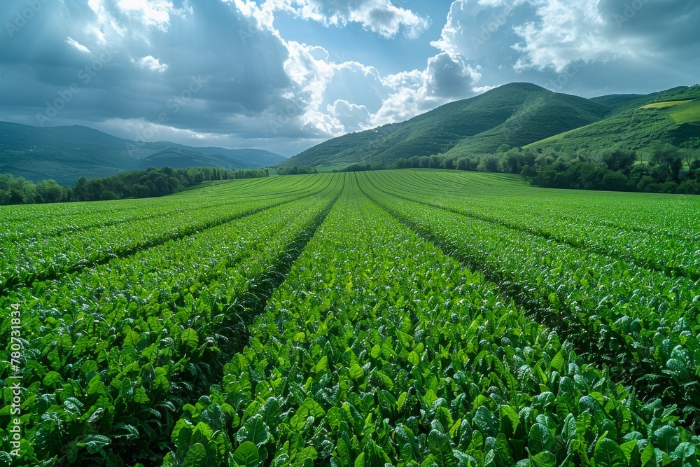 Freshest green crop stripes stretching towards the horizon beneath an overcast sky view