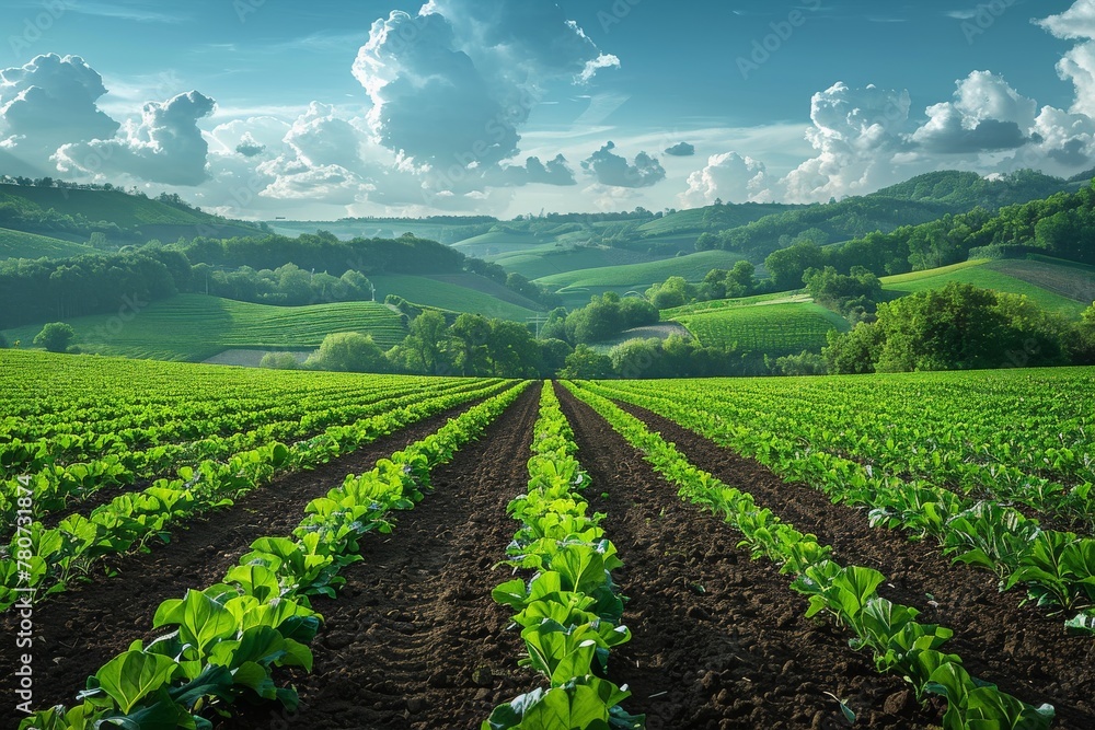 Obraz premium Gently curving crop rows kissed by the setting sun, offering a sense of calm and well-being