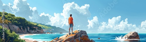 A person standing on a boulder gazing at the coastline under a clear sky, digital art piece photo