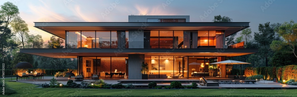 Modern house with large glass windows and terrace overlooking the golf course at sunset Modern house with large glass windows and terrace overlooking the golf course at sunset