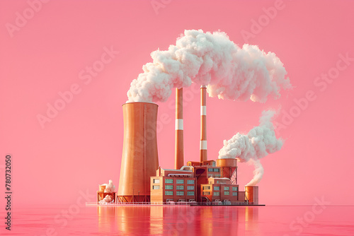A stylized digital art image of a power plant with smokestacks emitting smoke against a pink background. photo