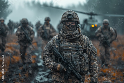 Focused military soldier in camouflage attire standing out in a misty, evocative forest setting with helicopter backdrop