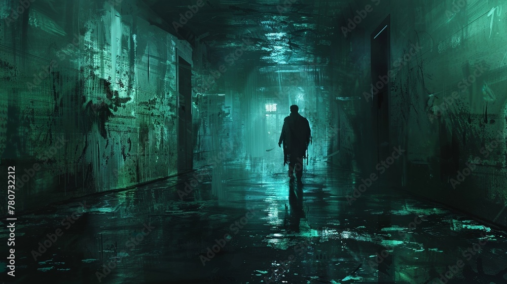 Illustration of a man strolling along a dim, flooded corridor within a deserted structure, rendered with a digital art style.