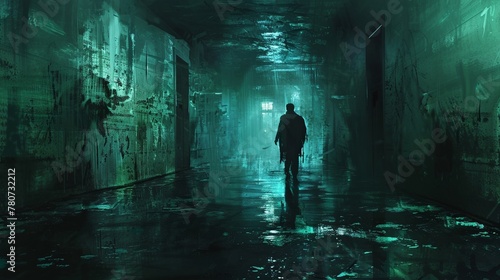 Illustration of a man strolling along a dim, flooded corridor within a deserted structure, rendered with a digital art style.