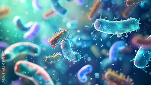 microscopic microbiome view of bacteria  in the gut, healthy microorganisms, pathogen and cells macro shot, colorful biology, virology background , virus, Medical field photo