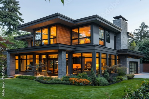 Modern home exterior with a gray and black color scheme, large glass windows, front yard landscaping in grasses and flowers © Photo Designer 4k