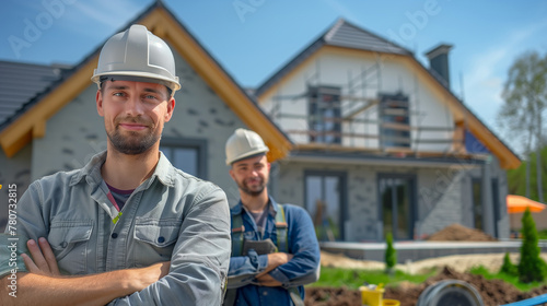 A team of 2 roofers face in front of their newly renovated house, looking at the camera lens with a smile, photo