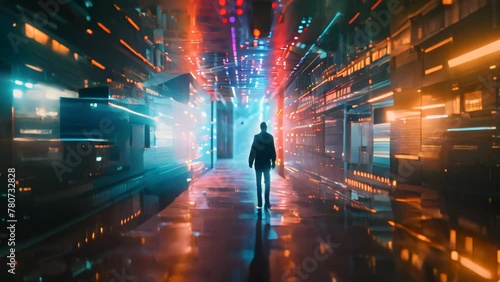 Man walking through a futuristic server room corridor. Digital illustration with light effects. photo
