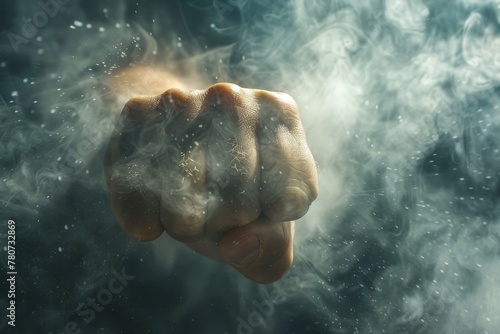 Detailed view of a fist punching through a dense fog, representing clarity winning over confusion, with rays of light breaking through photo