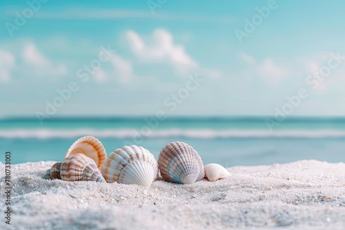 Sea shells rest on sandy beach by ocean, under azure sky and gentle wind wave, world ocean day