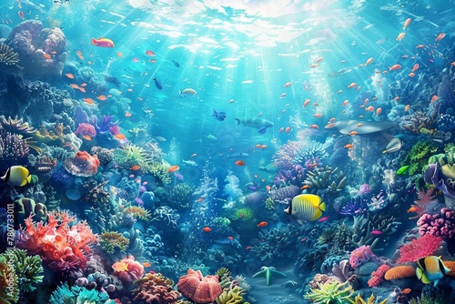 Underwater world with abundant marine life among coral reef and fish  world ocean day