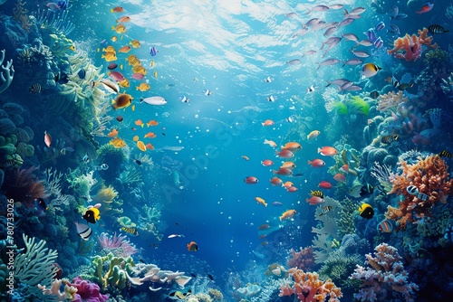 Vibrant coral reef teeming with fish and colorful corals in the underwater world ocean day
