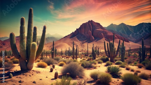 landscape field of cacti and mountains in the desert 80's retro color photo