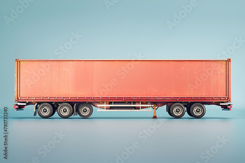 Side view of an empty orange semi-trailer on a blue background, isolated with no branding.