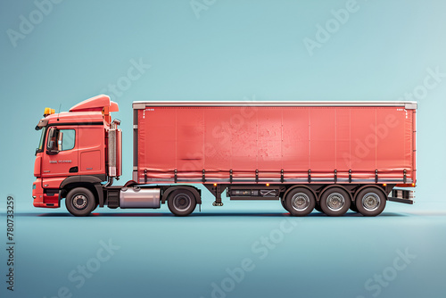 A red cargo truck is parked against a blue background in a side view, illustrating logistics and transportation.