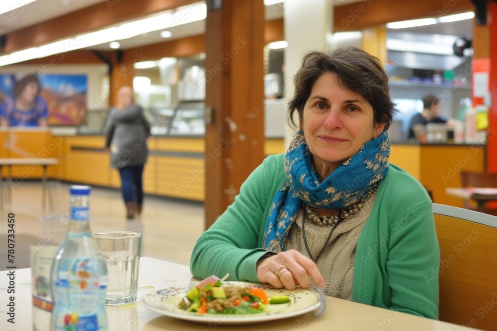A woman is sitting at a table with a plate of food in front of her. She is wearing a green sweater and a blue scarf