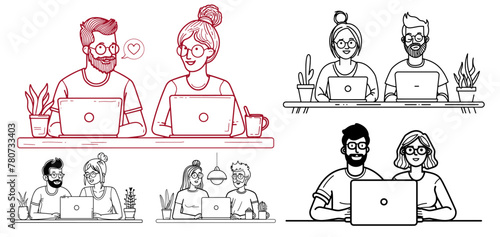 Dibujo vectorial de pareja de estudiantes con portátiles