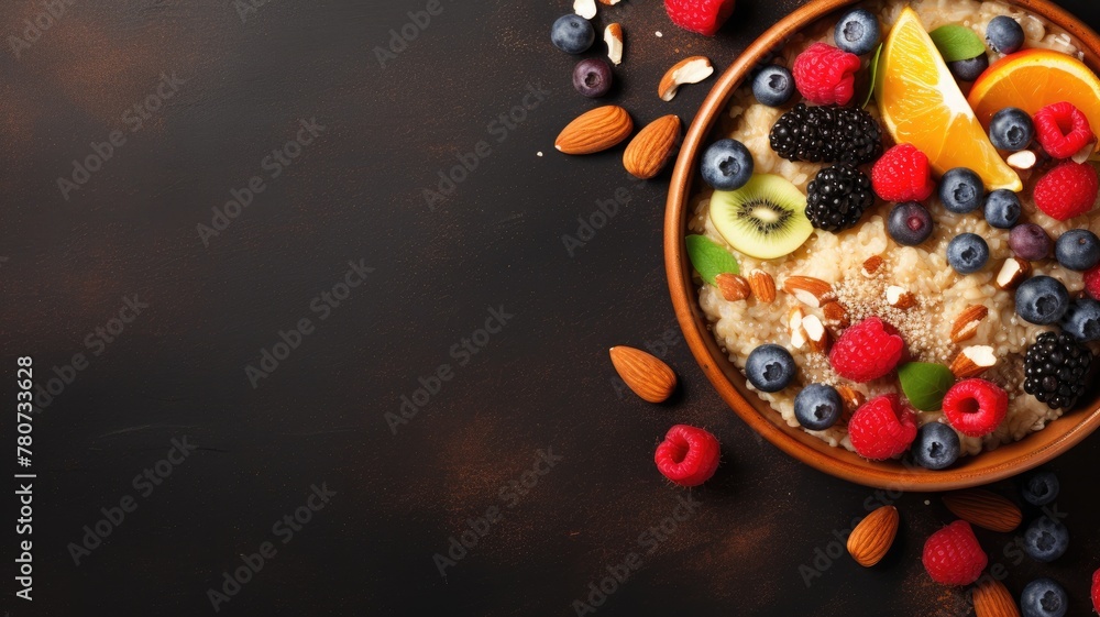 A bowl of oatmeal with assorted fruits, nuts, and a dark background. A bowl of oatmeal with assorted fruits, nuts, and a dark background.