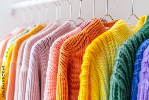 A rack of colorful sweaters hanging on a clothesline. The colors are bright and cheerful, creating a sense of warmth and happiness