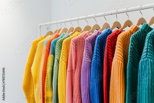 A rack of colorful sweaters hanging on a white wall. The colors are bright and cheerful, creating a lively and energetic atmosphere
