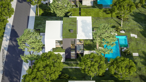 3d rendering of flat roof house with parking and pool for sale or rent with concrete facade and beautiful landscaping on background. Clear sunny summer day with blue sky.