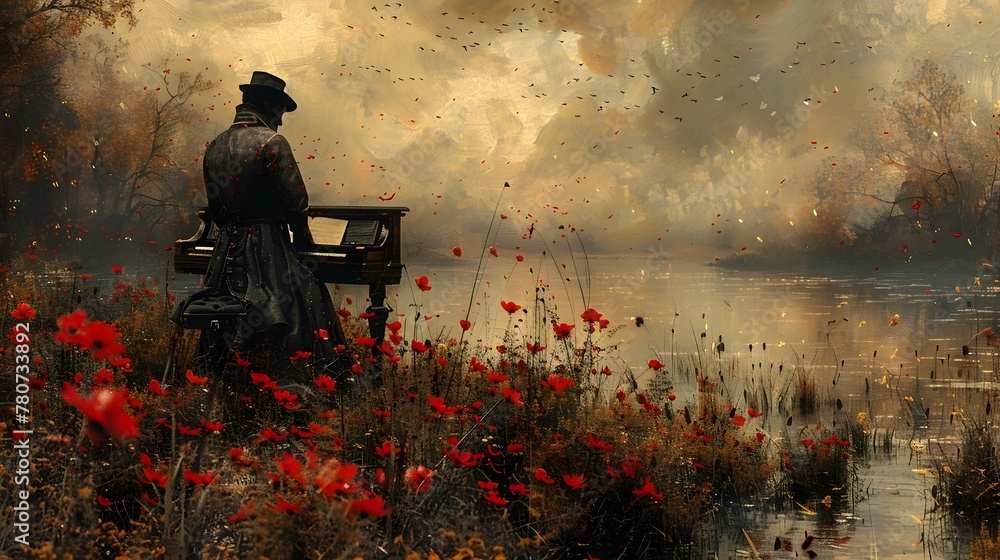 Pensive Composer Contemplating Nature's Captivating Symphonic in a Victorian Steampunk Landscape - obrazy, fototapety, plakaty 