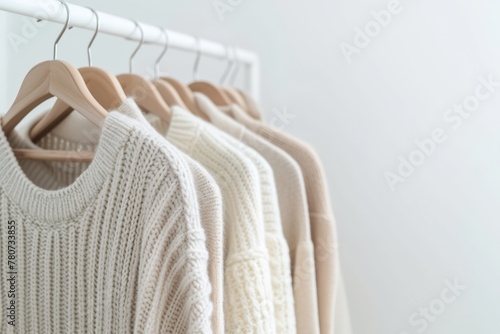 A rack of white clothing hangs on a white wall. The clothes are all different styles and colors, but they all have a similar texture and feel photo