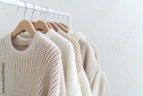 A rack of white and tan sweaters hanging on a white wall. The sweaters are all different colors and styles, but they all have a similar texture and feel. Scene is cozy and comfortable photo