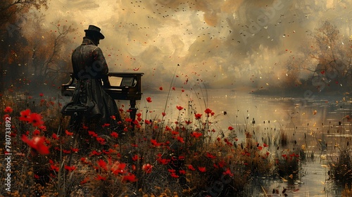 Pensive Composer Contemplating Nature's Captivating Symphonic in a Victorian Steampunk Landscape