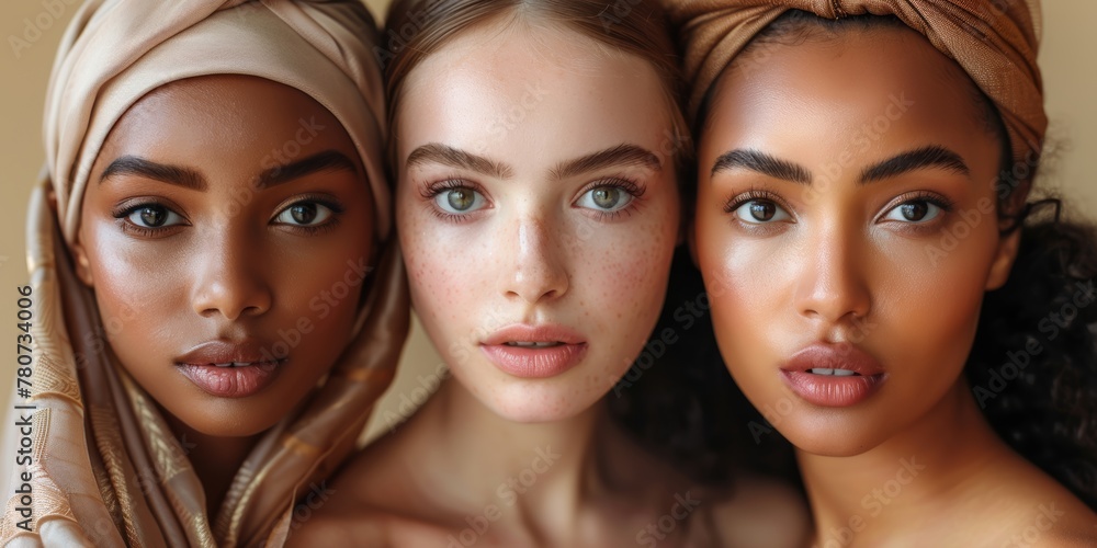 Portrait of diverse group of beautiful women with natural beauty and glowing smooth skin 