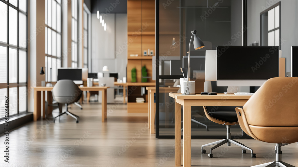 Modern office space with natural light, featuring wooden desks, ergonomic chairs, desktop computers, and minimalistic design elements Modern office space with natural light, featuring wooden desks, ergonomic chairs, desktop computers, and minimalistic design elements