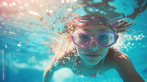 A young girl is swimming in a pool wearing goggles. She is smiling and looking up at the camera