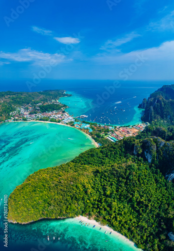 Aerial view Phi Phi island with turquoise clear water , Krabi Province. Amazing travel photo Thailand tropical paradise by drone