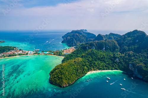 Fototapeta Naklejka Na Ścianę i Meble -  Aerial view Phi Phi island with turquoise clear water , Krabi Province. Amazing travel photo Thailand tropical paradise by drone
