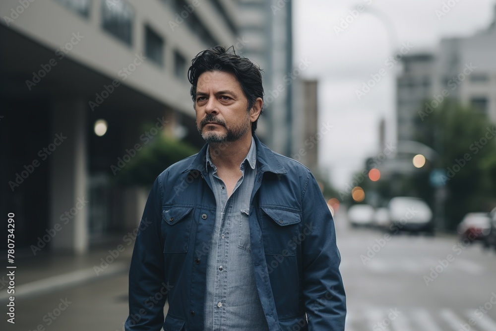 Fototapeta premium A man in a blue jacket stands on a city street