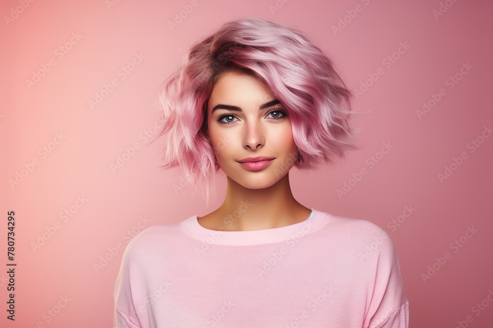 A woman with pink hair is wearing a pink shirt and smiling