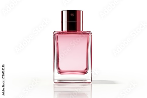 Perfume bottle with pink fragrance on white background
