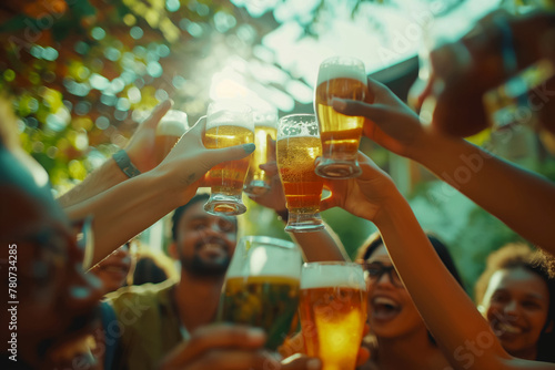 A group of happy friends raising glasses with beer at a party on vacation, concept for celebrating the end of a project or summer vacation, background or advertising idea for a vacation banner