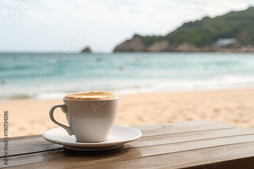 Cup of coffee on table with beach background
