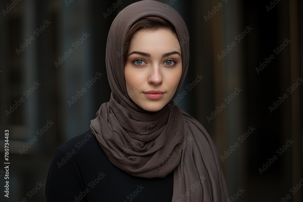 A woman wearing a brown scarf and a black shirt A woman wearing a brown scarf and a black shirt
