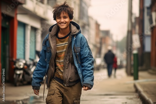 A young boy wearing a blue jacket and brown pants is walking down a street © Juan Hernandez