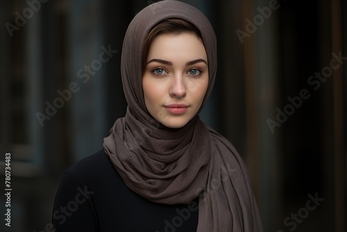 A woman wearing a brown scarf and a black shirt