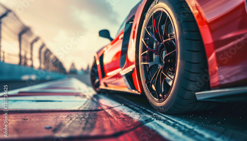 A red sports car with a black tire is parked on a racetrack by AI generated image photo
