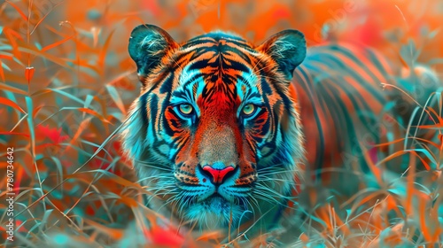 A tiger's intense gaze amidst a surreal, fiery landscape of teal and orange. The contrasting cool and warm tones highlight the wild essence and majesty of the tiger.
