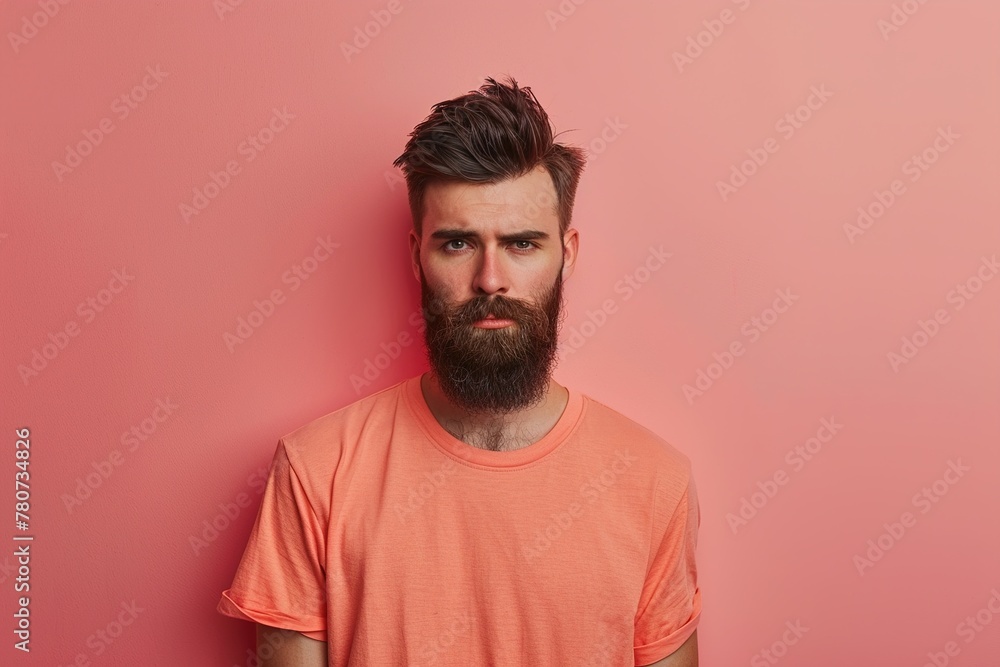 A man with a beard is wearing an orange shirt and looking at the camera A man with a beard is wearing an orange shirt and looking at the camera