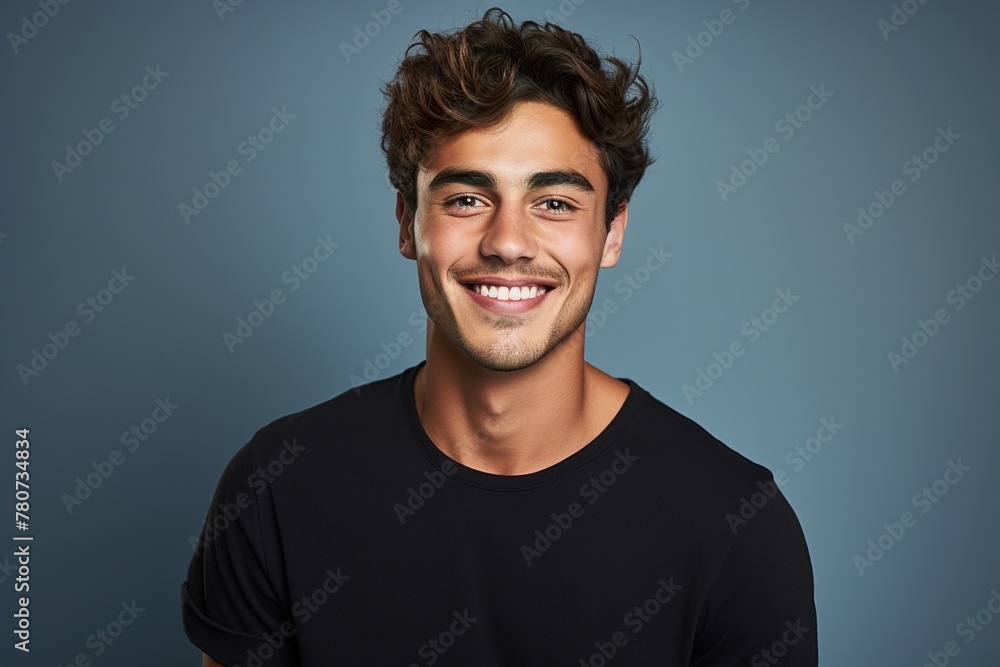 Fototapeta premium A man with a black shirt and brown hair is smiling